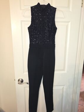 Bebe Black Sequin Lace Mock Neck Jumpsuit